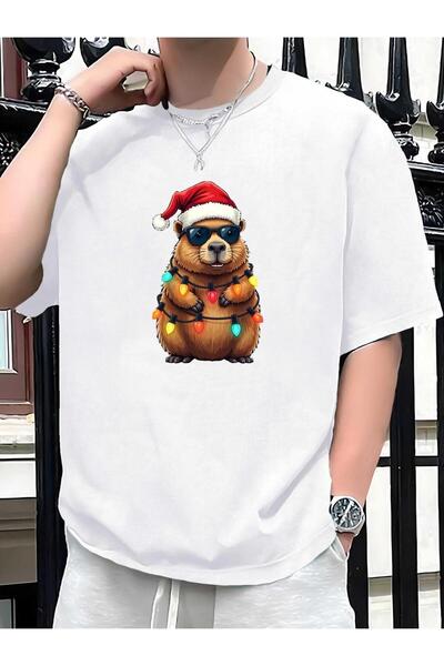 2mcup CyP Men'S T-Shirt | Cute with Santa Hat Glasses, Capybara Face and Chri...