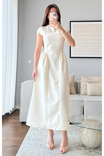 My Blog Cream Waist-Slit Dress - 5092