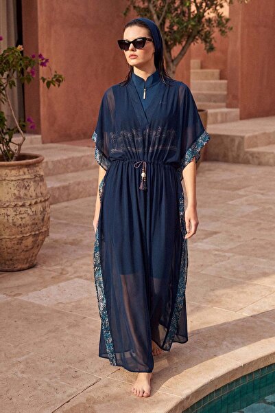 Haşema Tassel Detailed Blue Patterned Navy Blue Long Pareo 1004
