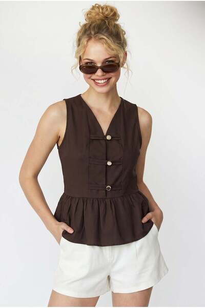 Mixray 4940 Kadın Poplin Volanlı Kolsuz Peplum Bluz Kahve