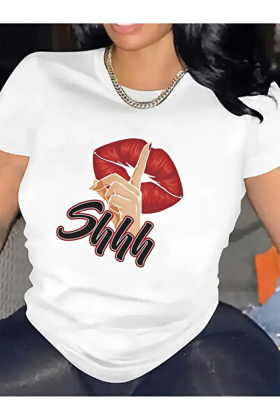 LİNA06 [تي شيرت للمطاعم] تي شيرت قطني بأكمام قصيرة بتصميم شفاه حمراء، متين وم...