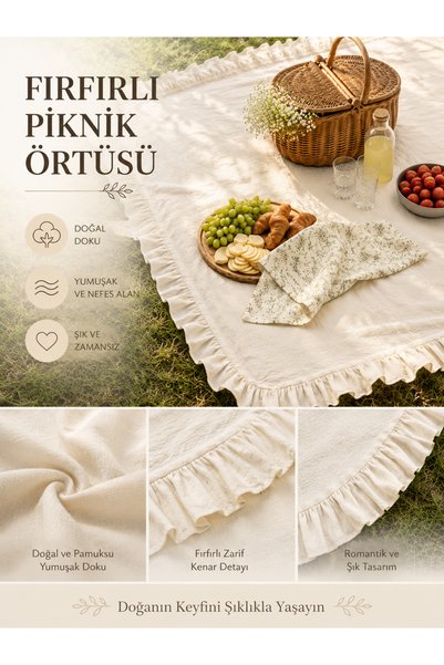 perde plus Fırfır detaylı pamuklu piknik örtüsü / masa örtüsü
