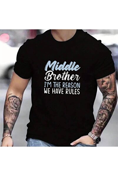 NOURAM تي شيرت رجالي كاجوال بأكمام قصيرة مع طباعة "Middle Brother I'm The Rea...