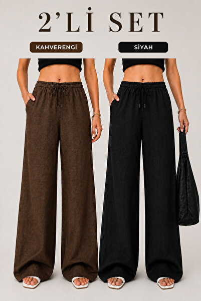 moda armanc Set of 2 Linen Blend Loose Fit Women's Trousers Black and Brown