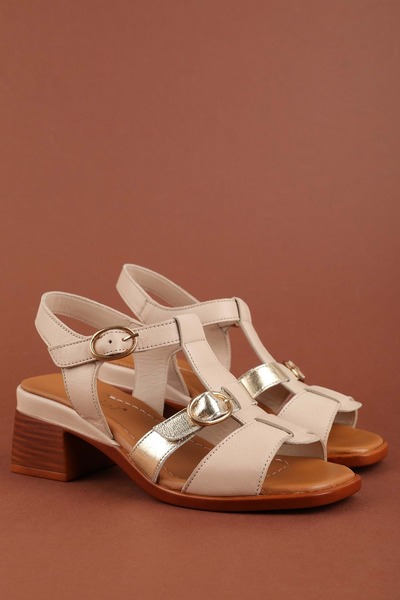 Gondol Women's Genuine Leather Mid-Heeled Daily Sandals Iz.12132 Beige - Gold