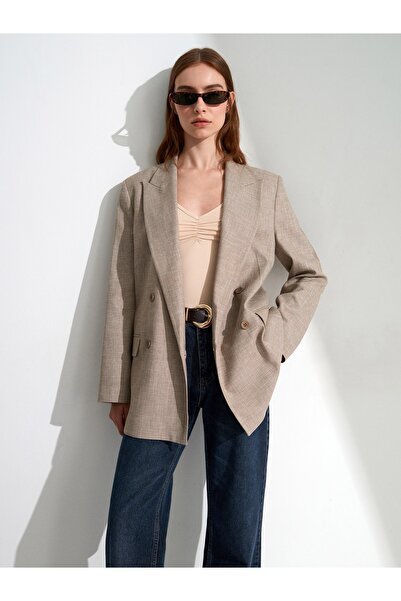 Dilvin 60811 Keten Karışımlı Blazer Ceket-Bej