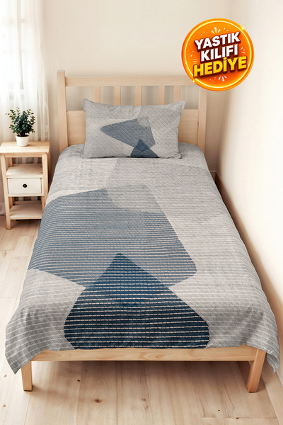 Evimde Bambaşka Geometric Gray Blue Young Room Single Pique Set-Modern Stripe...