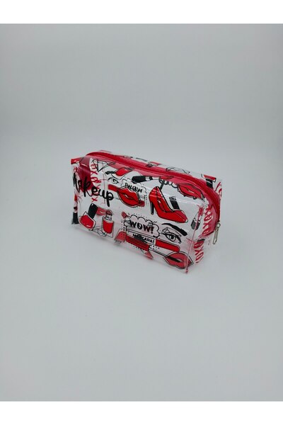 UCCELLO Transparent Cosmetic Bag Red Patterned Zippered Makeup Organizer