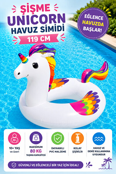 hak-iş oyuncak 119 cm Şişme Unicorn Havuz Simidi – 10+ Yaş, Maksimum 80 kg Ta...