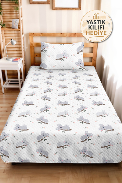 Evimde Bambaşka Gray Koala Children's Room Single Pique Set - Pastel Floral W...