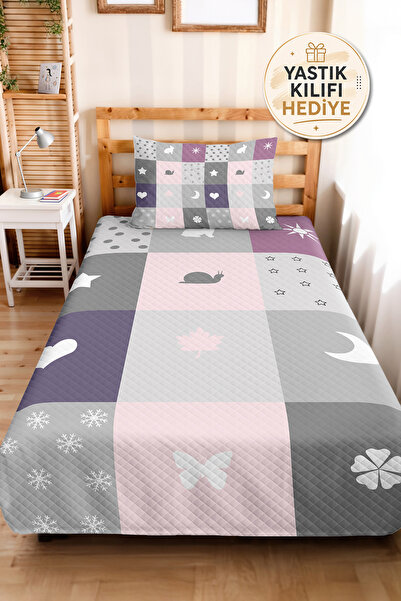 Evimde Bambaşka Pastel Patchwork Gray Girls' Pique Set-Lilac Pink Minimal Bab...