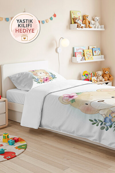 Evimde Bambaşka White Girls' Pique Set with Floral Teddy Bear - Pastel Pink B...