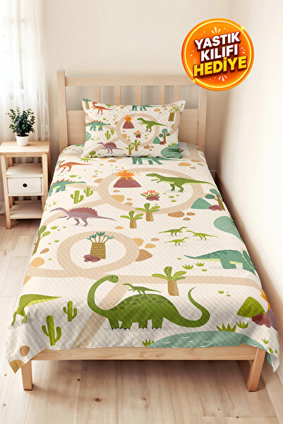 Evimde Bambaşka Dinosaur Green Children's Room Single Pique Set - Pastel Beig...