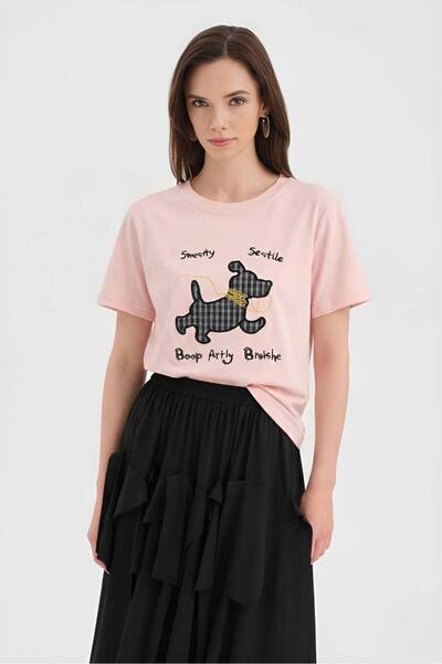 tw3 Women's 100% Cotton T-Shirt with Dog Appliqué Embroidery on the Front