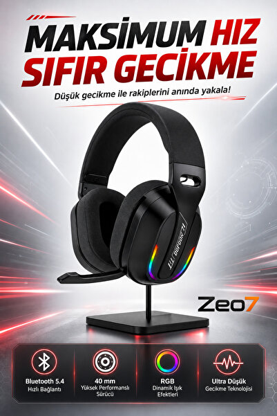 Zeo7 Bluetooth 5.4 Destekli Kablosuz RGB Gaming Kulaklık – 40 mm Dinamik Sürü...