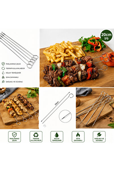 Genel Markalar 10 Adet Paslanmaz Çelik Mangal Şişi Seti – 20 cm Metal Çöp Şiş...