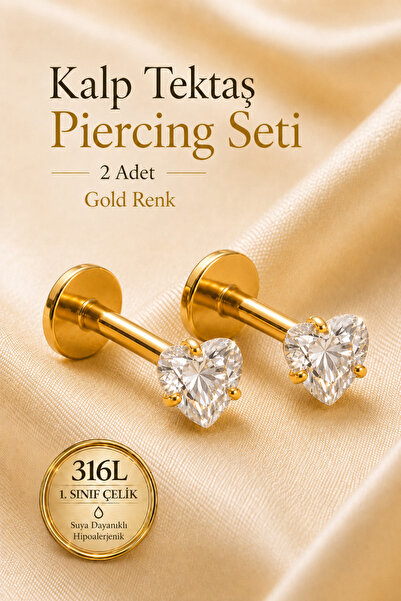 moonzy - minimalist & cozy 2’li Set Kalp Tektaş Piercing 316L Çelik Taşlı Hel...