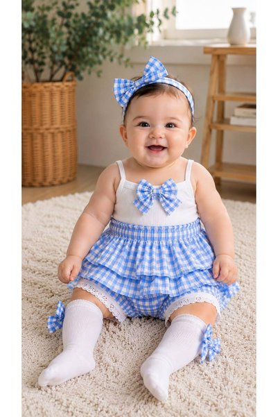 TREND NATURAL Baby Girl 4-Piece Summer Set Cotton Badi Ruffle Shorts Skirt Hair Band and Socks Pink Red Blue