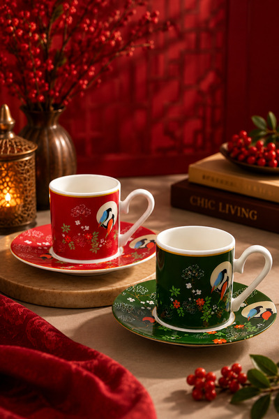 YzHome 2-Person Porcelain Birds Red Green Coffee Cup Set 90ml
