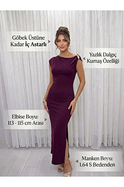 YABA Omuz Aksesuar Detaylı Yırtmaçlı Midi Boy Kadın Şık Elbise