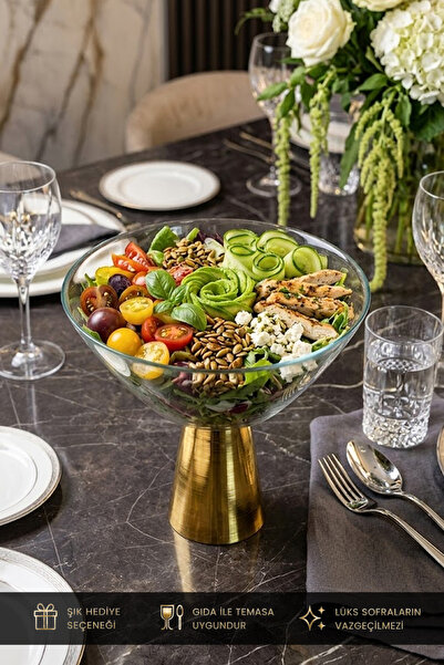 MAY HOME Gold Metal Ayaklı Cam Sunumluk Salata Meyve Tatlı Servis Kasesi
