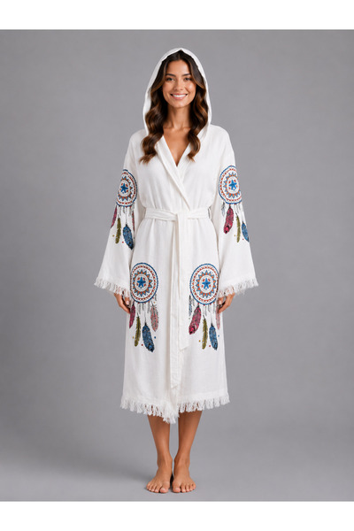 EMİLLİE 100% Cotton Muslin Bathrobe Geo Feather – Breathable, Ultra-Light, Qu...