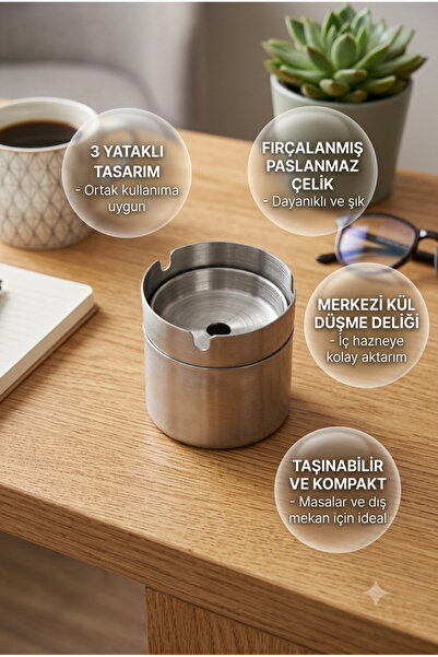 Homerest Stainless Steel Ashtray 3-Bed Portable Compact Tabletop Outdoor Ash ...
