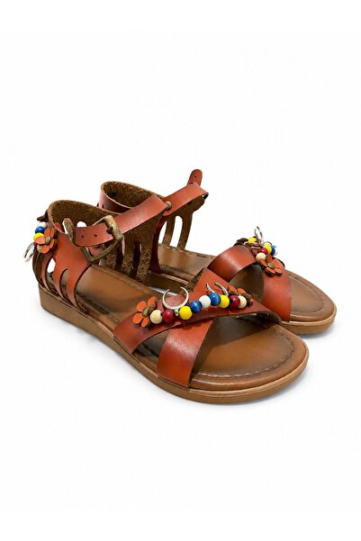 RoseVeno Women's Orange Beaded Leather Powder Casual Sandals