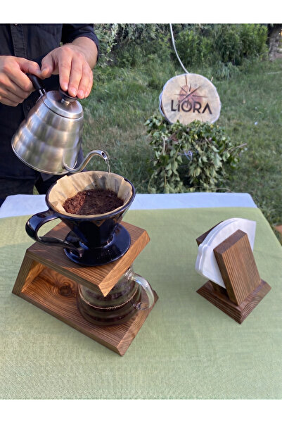 Lioracommerce Ahşap V60 Kahve Demleme Dripper Seti, Kahve Pot ve Filtre Kağıd...