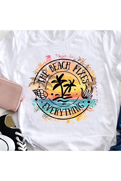 BASEPULSE The Beach Fixes Everything Teacher T Shirt, Loose, Women'S Casual R...