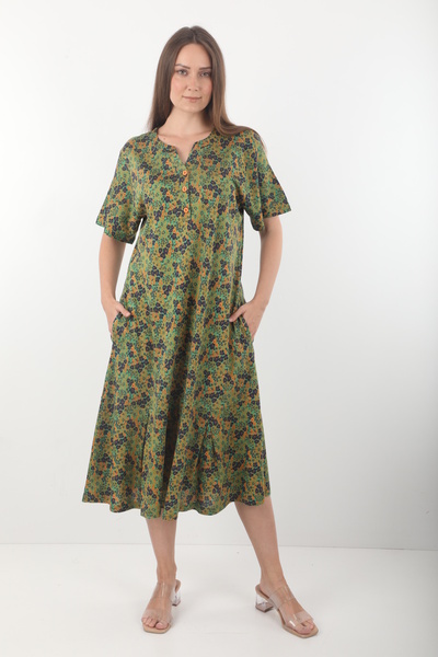 Wild Love Women's Green Crispy Patterned V-Neck Pocket Cotton Plus Size Casua...