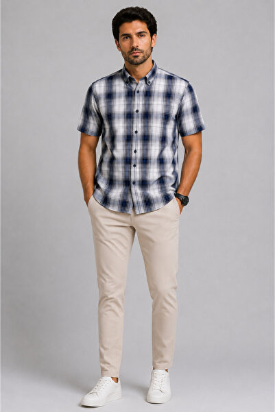 bihan store Men's Short Sleeve Checkered Shirt - 6084 - Navy Blue