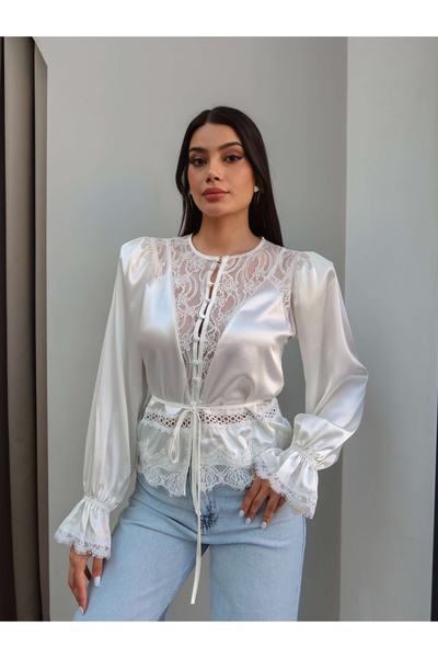 ESRAHELVACI Lace Detail Lace-Up Satin Blouse