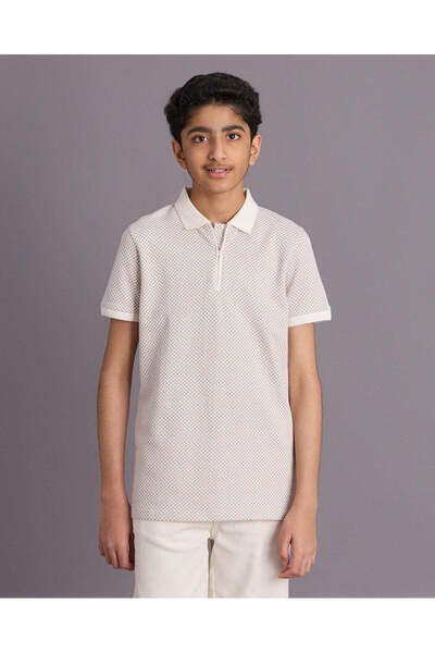 REDTAG Senior Boys Beige Jacquard Zip Neck Polo