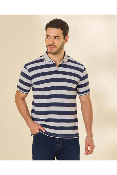 REDTAG Men Navy And Ivory Striped Polo T Shirt