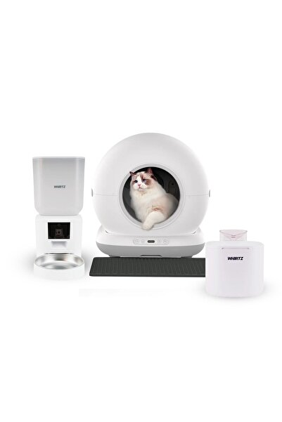 Whirtz Akıllı Otomatik Kedi Tuvaleti, Mama Kabı ve Su Pınarı - Beyaz 3'lü Pet...