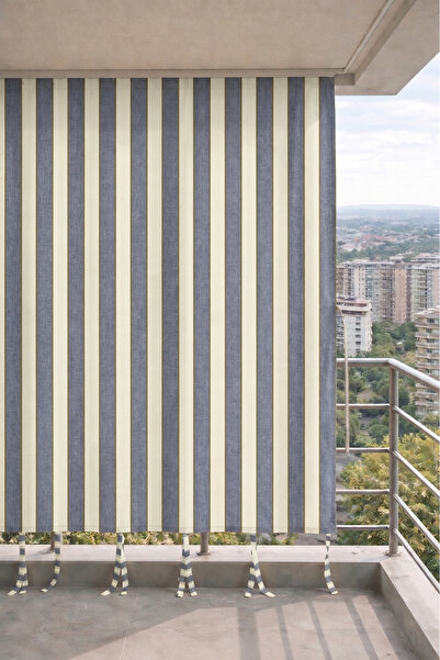 MRC Tekstil Gri-Krem balkon perdesi kornişli bağcıklı su geçirmez dış mekan d...