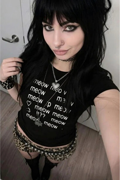 BALİNA Siyah Meow Meow Meow :3 Y2K Kısa Kolu Crop