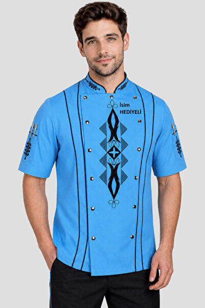 Üniformanya Turquoise Blue Short Sleeve Custom Embroidery Patterned Cook Jack...