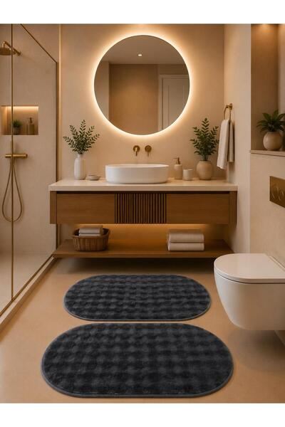 Lionhome Bubble kabartmalı Renk Antrasit Yumuşak Peluş Banyo Halısı 2'li Set ...