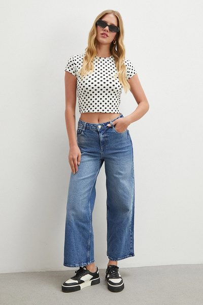 TRENDQUEL Yüksek Bel Beş Cepli Cropped Jean Mavi