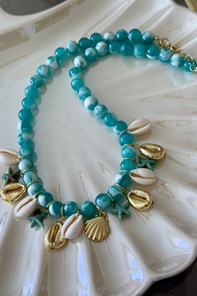 Trendy Butik Blue Beaded Sea Shell Necklace
