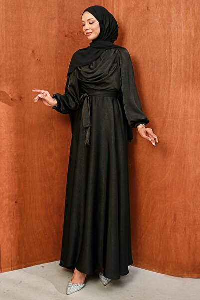 İmajButik Black Waist Belted Patterned Satin Evening Dress