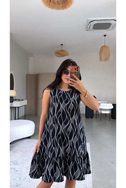 Buket Teke Navy Blue Patterned Skirt with Ruffles and Wrinkled Dress
