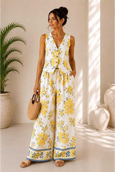 FashionForYou Αέρινο κοστούμι Αριόζο, με μεσογειακό σχέδιο, παντελόνι παλάτσο...