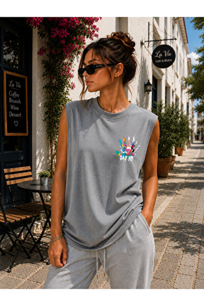 caddekombin Sıfır Kollu Sırt El Baskılı Pamuk Penye Bisiklet Yaka T-shirt