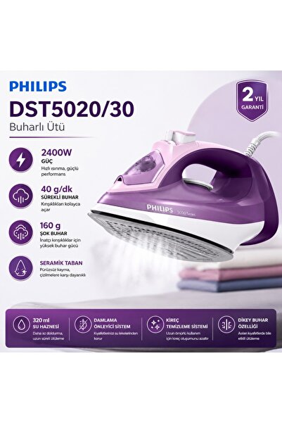 Philips 5000 Serisi Buharlı Ütü 2400W, 180g Şok Buhar, SteamGlide, 40g/dk Sür...