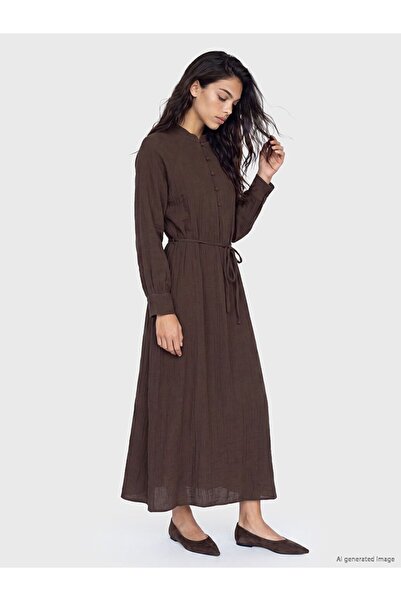 LC Waikiki Lcw Modest Brown High Neck Belted Dress