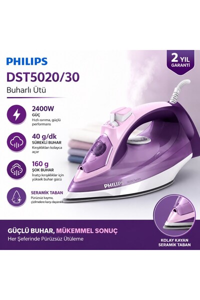 Philips 5000 Serisi Buharlı Ütü 2400W, 180g Şok Buhar, SteamGlide, 40g/dk Sür...