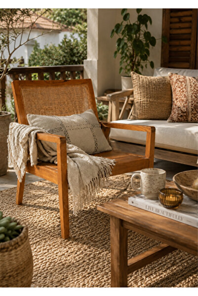 Lessio Home Liva Teak(Tik) Rattan Kolçaklı Bahçe Sandalyesi Doğal Ahşap Teras...